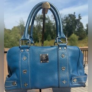 MCM Vintage Luxury Blue Leather Satchel Boston Bag with Silver Accents GUC
